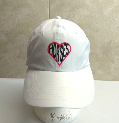 I HEART HORSES Cap, Love Horses Hat, White Polyester Cap with Plastic slide buck