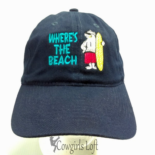 Embroidered Navy Blue Cap WHERE'S THE BEACH w Polar Bear close view