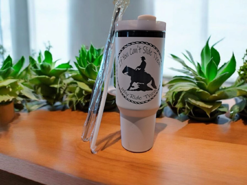 Why Ride - Can't Slide saying White 40oz Tumbler