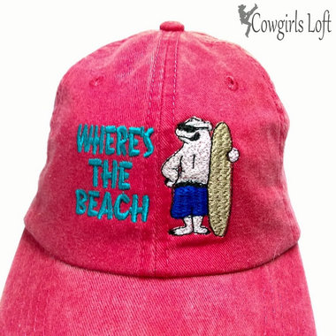 Embroidered Red Denim Cap WHERE'S THE BEACH w Polar Bear