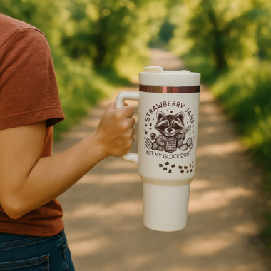 Engraved 40 oz large white tumbler with handle: Strawberry Jams But my Glock Don't